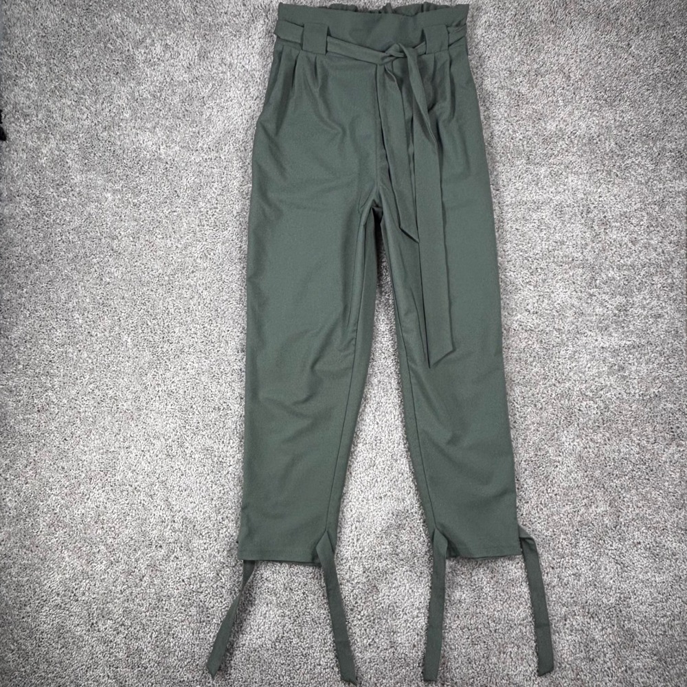 Grace Karin Women Olive Green Paperbag Waist Tapered Ankle Tie Pants Size M